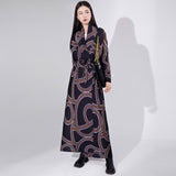 2025 High-quality New trench coat long jacket women's loose printing lace-up lapel pleated temperament coat
