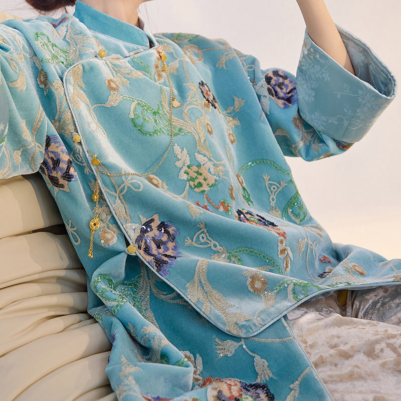 New Chinese style new flower embroidered sequined shirt old money style high-end temperament satin top M3003