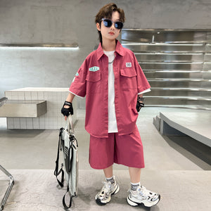 Boys' Summer Shirt Outfit  New Children's Summer Clothing Thin Short Sleeve Medium and Big Children Summer Boyish Look Fashion