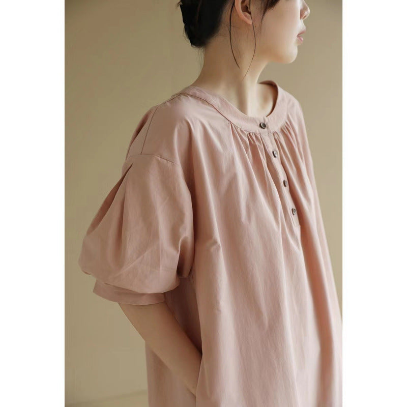 Literary retro crew neck short-sleeved dress  summer new loose large size small medium and long women's dress