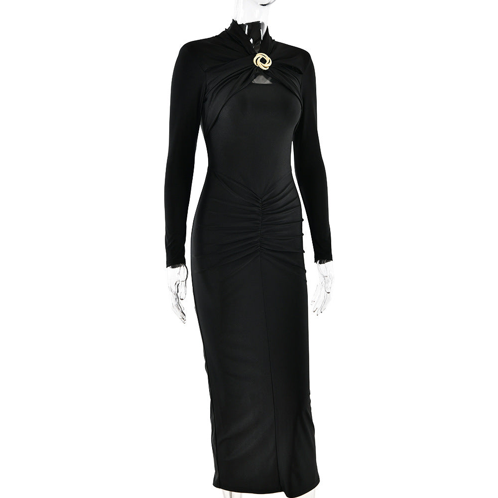 2025 New hot-selling popular new women's dress  sexy slim-fitting pleated hollow long-sleeved dress