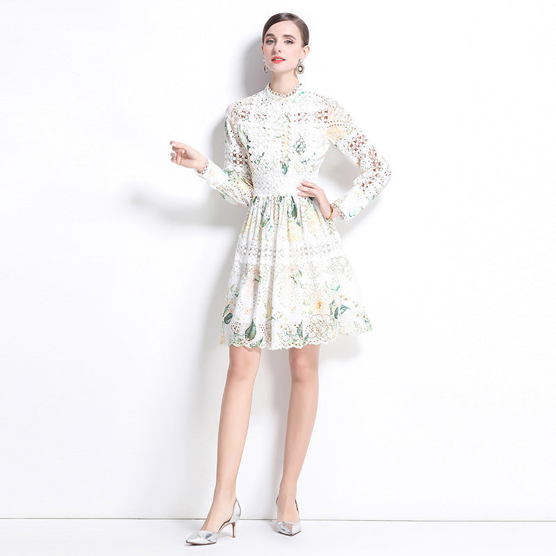 celebrity elegant hollow crochet embroidery splicing waist printing dress women's  fashion A-shaped skirt