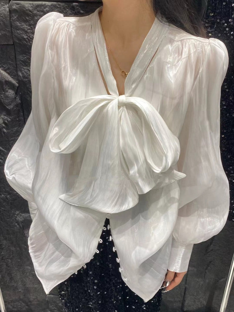 2025 popular autumn new bow lace-up mercerized shirt for women, Korean version of temperament socialite loose long-sleeved top for women