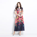 summer new  fashion suit collar short sleeve waist single-breasted printed dress women's  dress