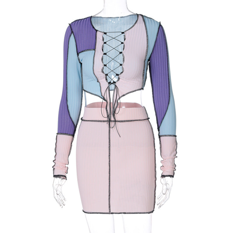 GOOSUDU Popular, 2025 2025 spring explosion new chest strap hollow contrast T-shirt short skirt anti-car edge suit Popular trade women