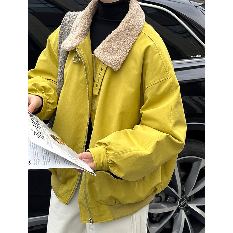 2025 popular autumn and winter new Korean version splicing lamb wool lapel thickened warm white duck down cotton clothes 820-2