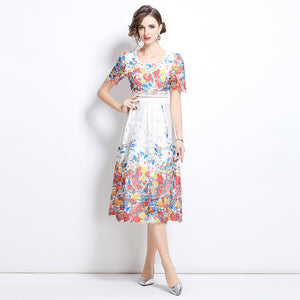 New hollow water-soluble lace print dress women's thin temperament round neck short sleeve medium and long skirt