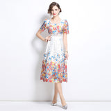 New hollow water-soluble lace print dress women's thin temperament round neck short sleeve medium and long skirt