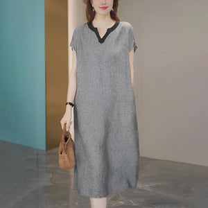 High-end large-size cotton and linen dress for women's summer  new mother temperament fashionable and thin casual long skirt