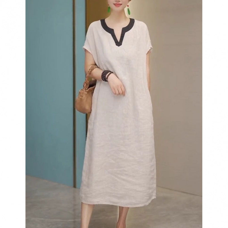 High-end large-size cotton and linen dress for women's summer  new mother temperament fashionable and thin casual long skirt