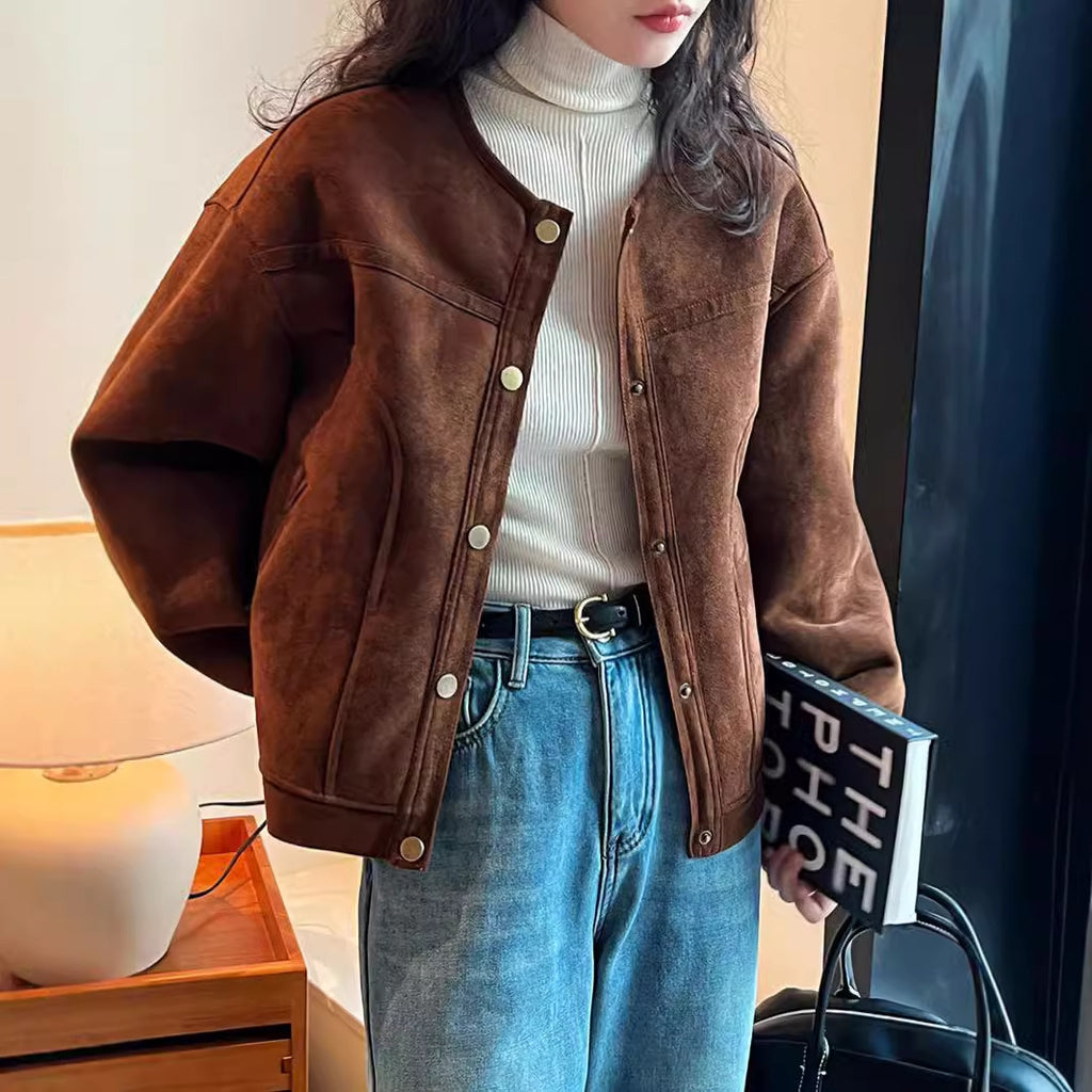 2025 Philadelphia sunset suede lamb wool short coat women's autumn and winter fur integrated thickened warm small jacket