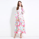 new  holiday style elegant long dress women's strap waist lantern sleeve printed pendulum dress