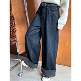2025 popular winter new Korean versatile loose velvet flanged striped denim wide-leg pants 6373