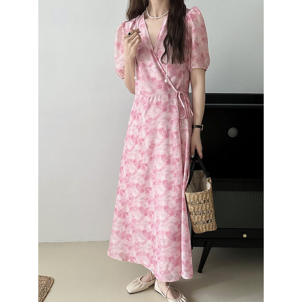 2025 popular spring V-neck floral dress women's waist one-piece dress women's spring medium and long duplex skirt 306