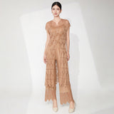 2025 Fashion suit women's high-end summer thin lace hollow blouse top straight pants middle-aged pleated two-piece set