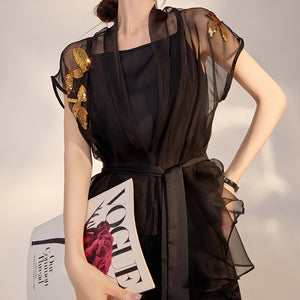 New Chinese style national style embroidery simple mesh mulberry silk sequined jacket slim temperament outer top M3084