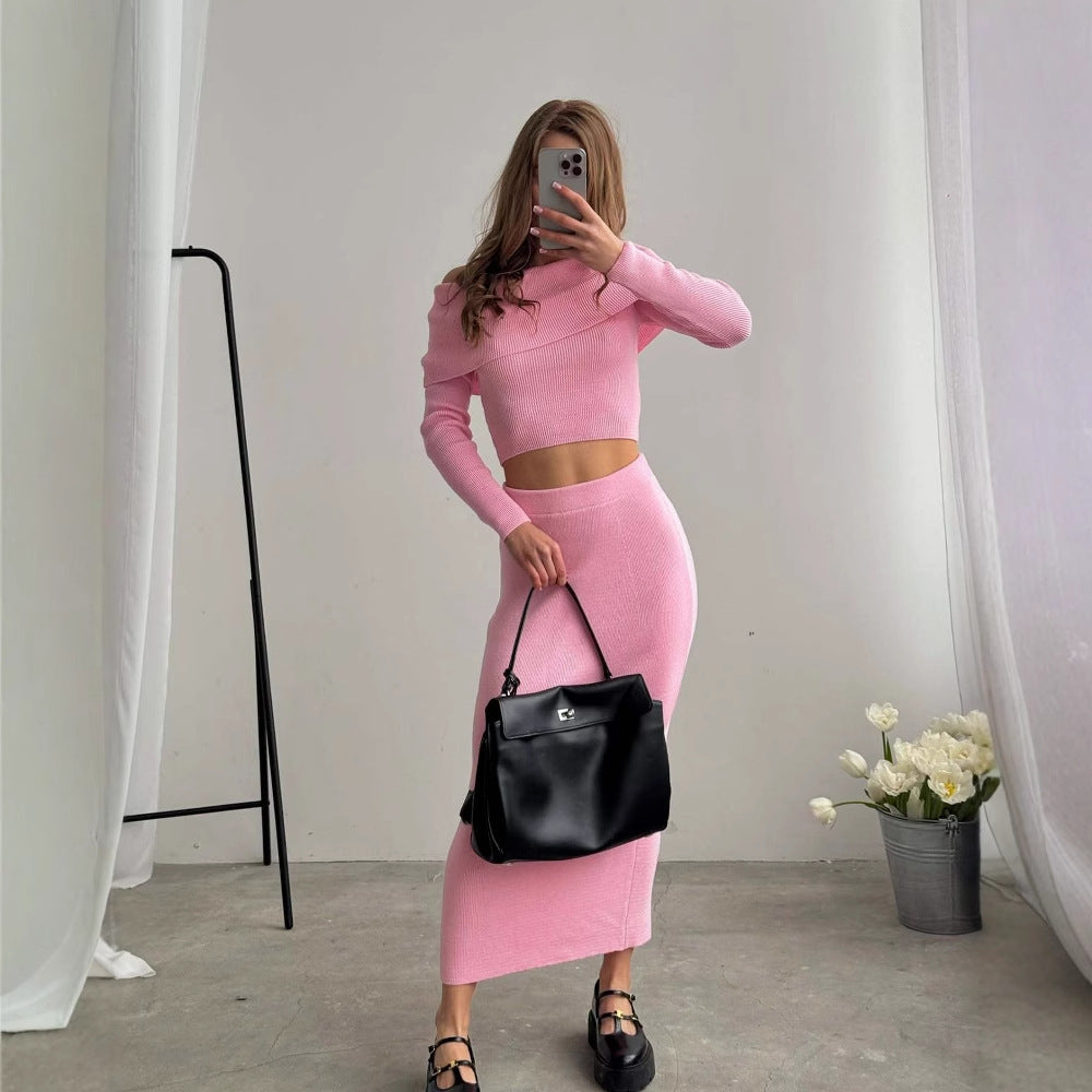 slim skirt women's pure desire style long-sleeved knitted elegant vacation style one-word shoulder open button skirt set