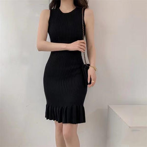 European and American Hot Girl Tight Vest Skirt Sexy round Neck Waist Slimming Sleeveless A- line Ruffled Knitted Dress Summer