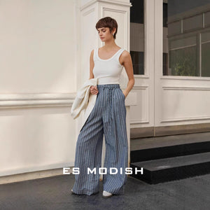 2025 ES MODISH spring new product, Korean vertical striped high street loose wide-leg casual pants (with waist rope) for girls