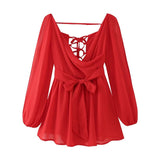 Wholesale 2025 Summer New European and American Multi-Color Sexy Mesh Long Sleeve Tied Backless Mini Dress Women