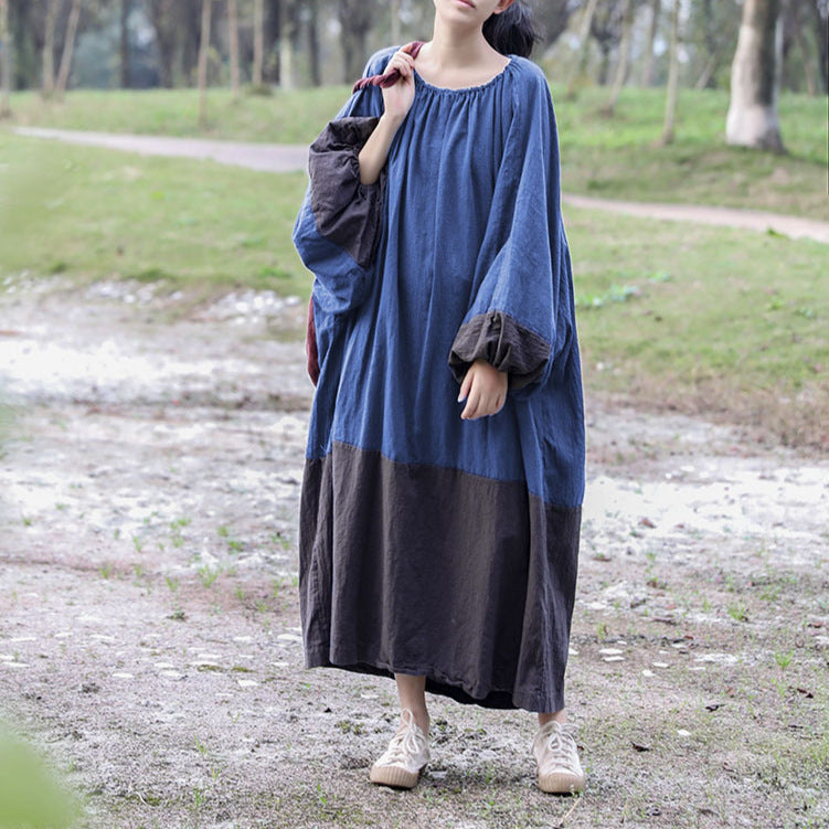 Shan Qian Nianyi, spring and autumn cotton and linen loose long dress pleated lantern sleeves big bat drawstring collar color matching dress