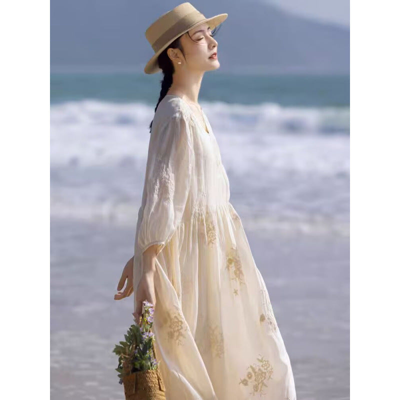 Shi Jian literary women's clothing fairy skirt heavy industry embroidery ramie high-end  long dress elegant skirt dress