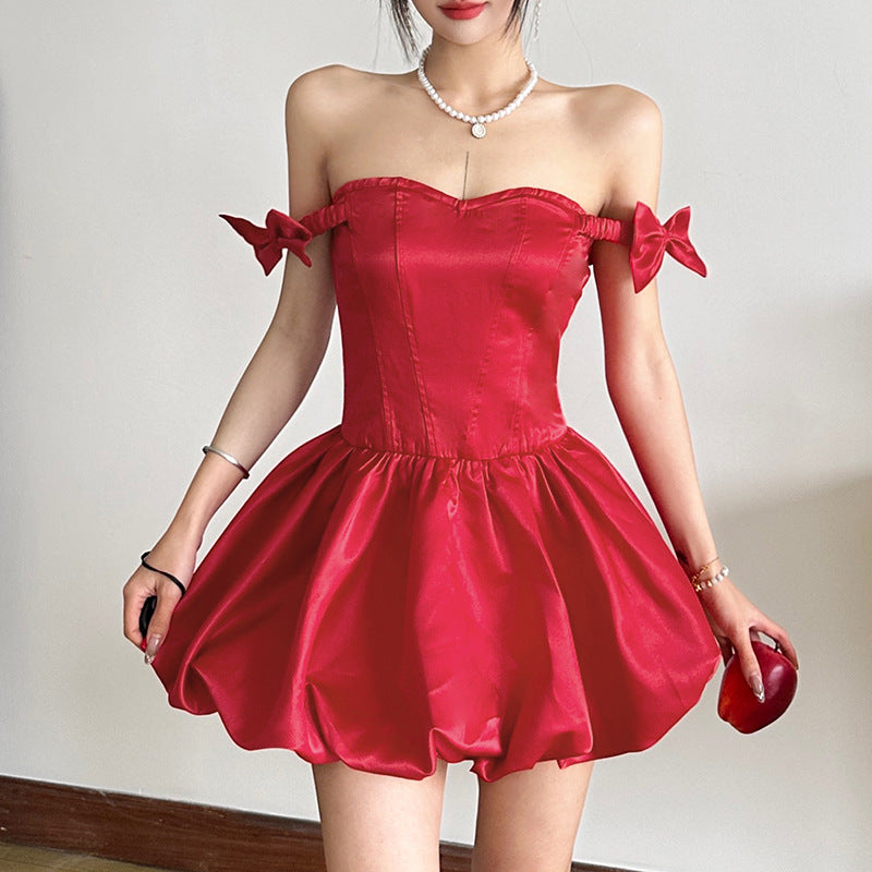 2025 style popular winter new women's clothing fluffy pleated skirt design shoulder bow dress