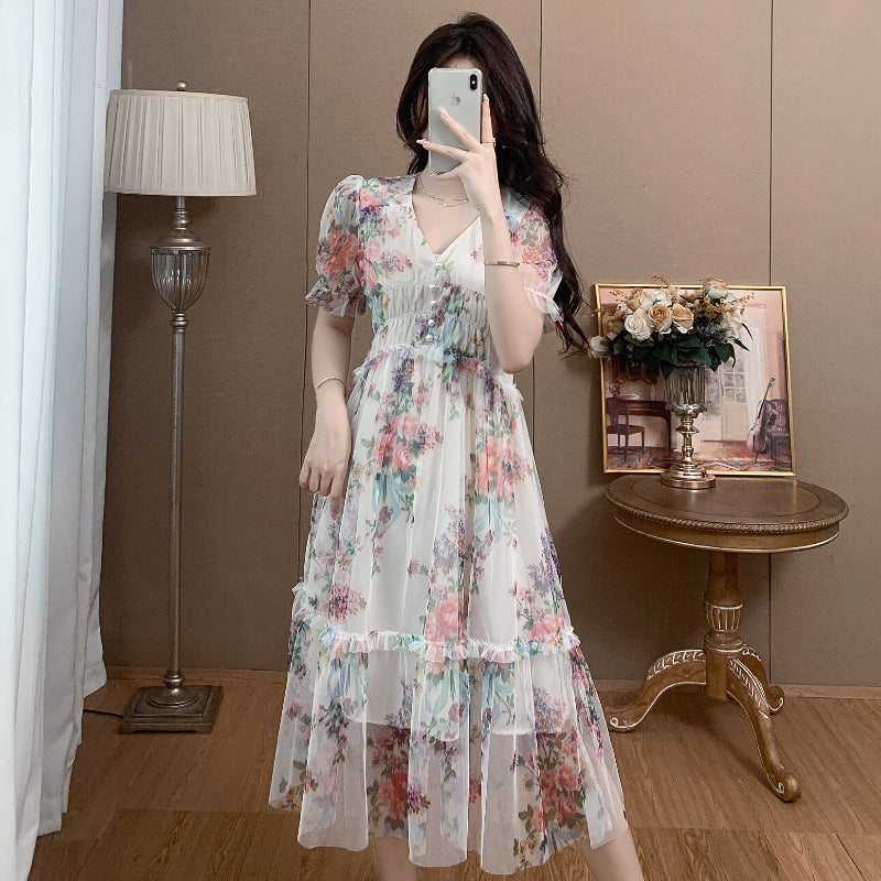 summer new  light luxury mesh printing splicing waist thin medium and long temperament dress dress women
