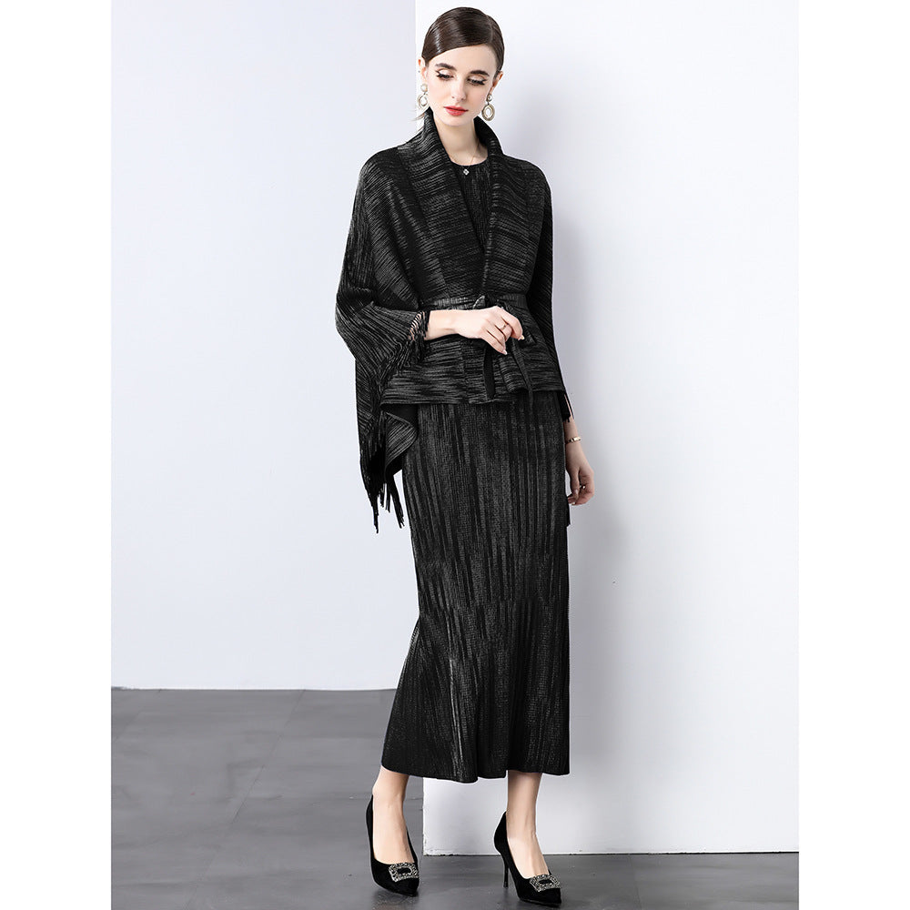 fashion high-end strap waist fringed horn sleeve lapel hot diamond pleated top + sleeveless dress