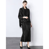 fashion high-end strap waist fringed horn sleeve lapel hot diamond pleated top + sleeveless dress