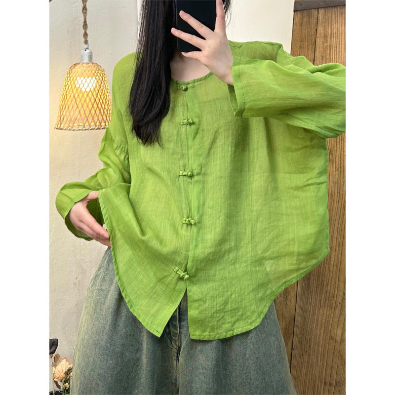 spring and summer new literary and retro niche Zen clear cotton and linen solid color simple wind button-up shirt