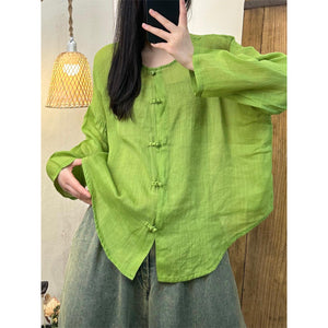 spring and summer new literary and retro niche Zen clear cotton and linen solid color simple wind button-up shirt
