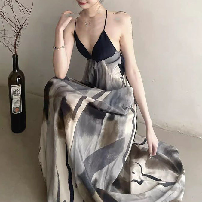 2025 Spring and summer popular new fashion temperament thin cold elegant ink Dunhuang suspender casual dress