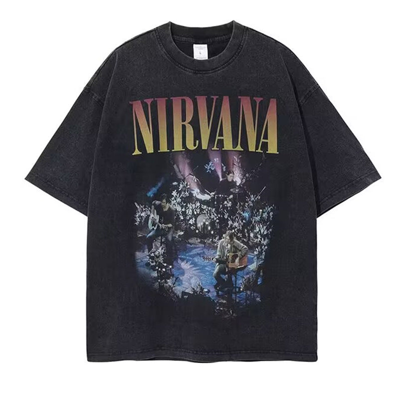 GOOSUDU Nirvana Band Rock Nirvana Cobain Cococoben Worn Looking Washed-out Vintage Batik Loose T-shirt