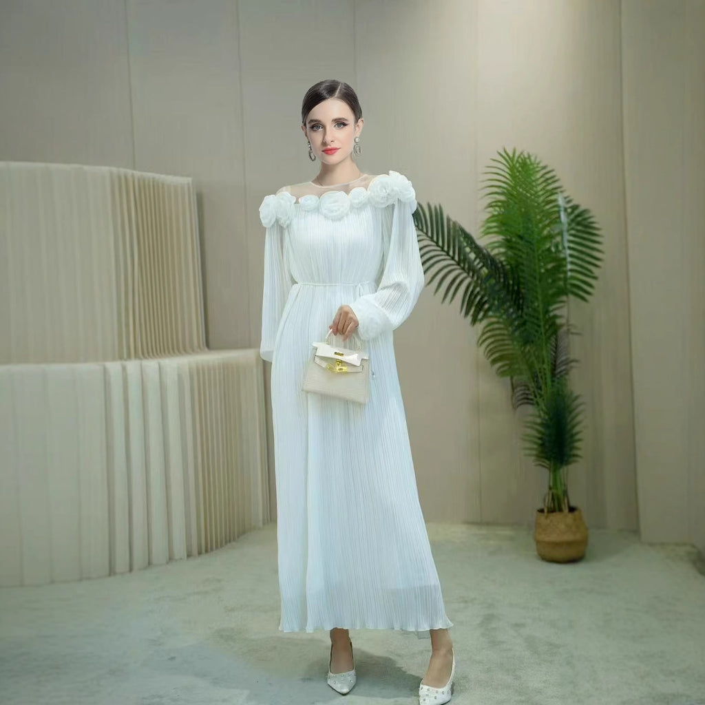 Popular trade women's clothing heavy industry rose three-dimensional flower splicing mesh pleated dress dress big swing dress