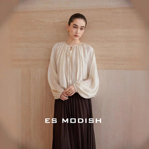 2025 ES MODISH Spring New Product Korean Edition Design Sense Drawstring Elegant Pullover Shirt Solid Color Wide Shoulder Long Sleeve Shirt