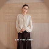 2025 ES MODISH Spring New Product Korean Edition Design Sense Drawstring Elegant Pullover Shirt Solid Color Wide Shoulder Long Sleeve Shirt