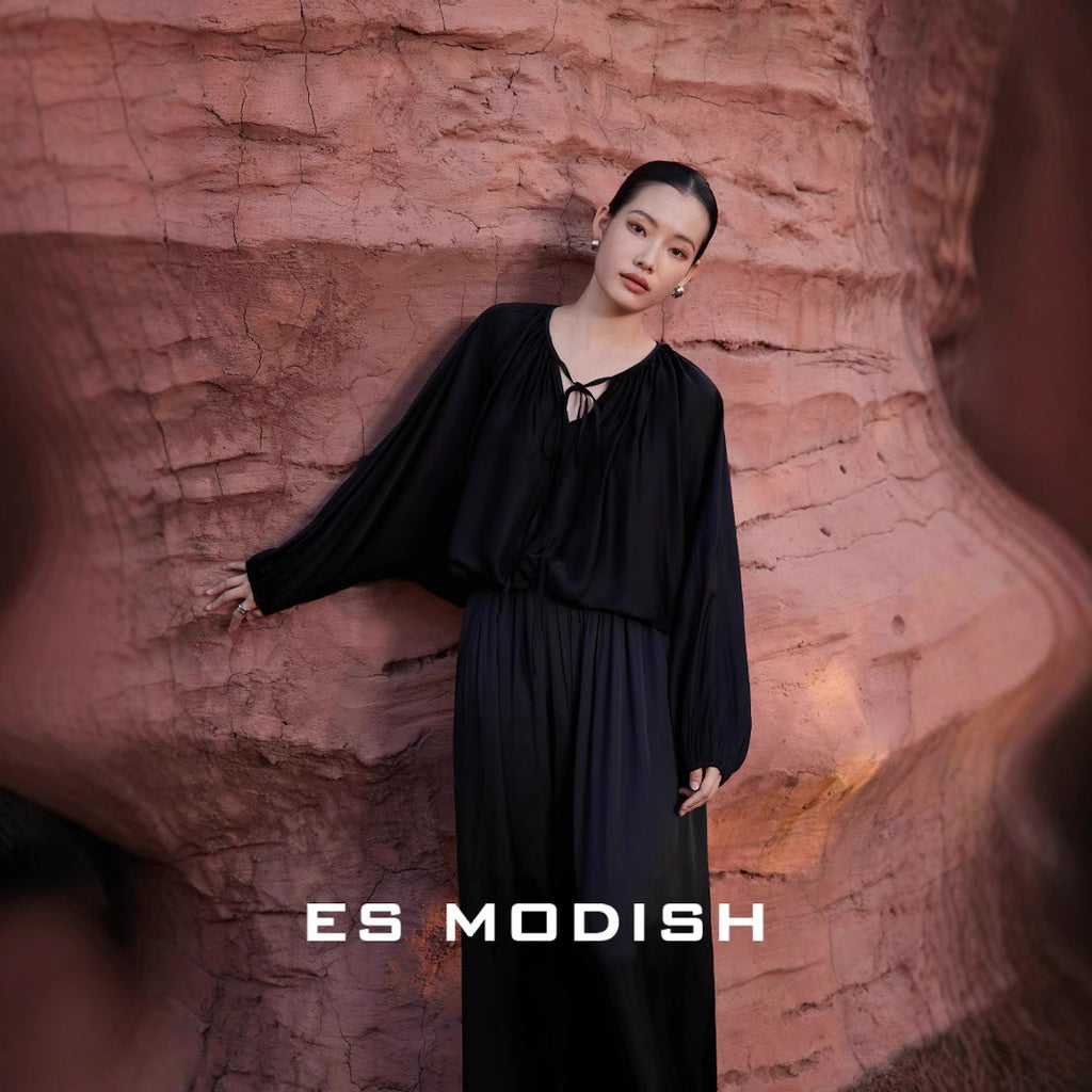 2025 ES MODISH Spring New Product Korean Edition Design Sense Drawstring Elegant Pullover Shirt Solid Color Wide Shoulder Long Sleeve Shirt