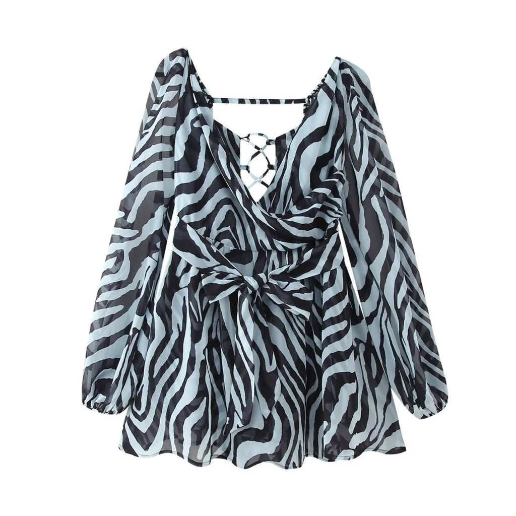 Wholesale 2025 Summer New European and American Multi-Color Sexy Mesh Long Sleeve Tied Backless Mini Dress Women