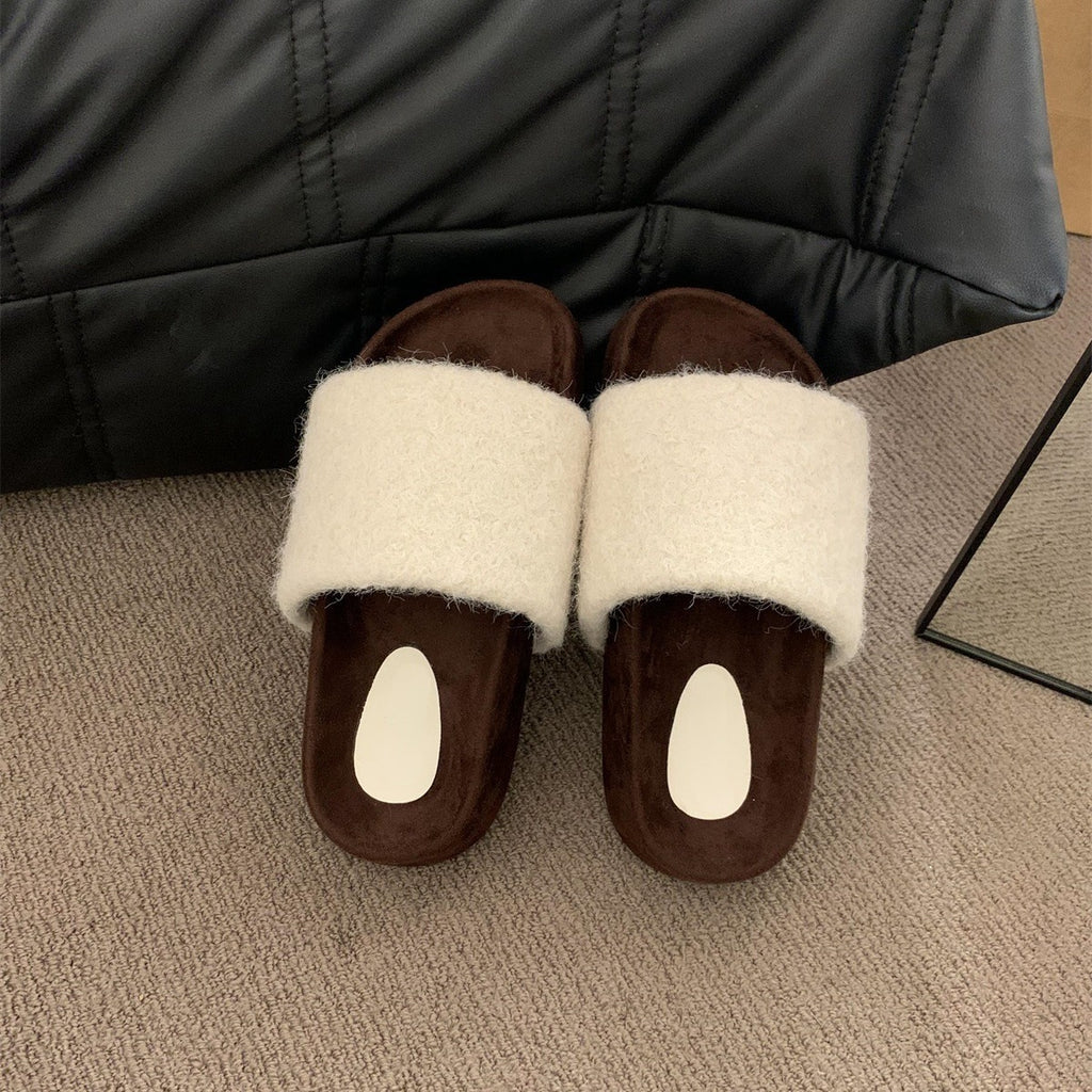 2025  Warm winter~ Mao Mao shoes women's heightened thick soles popular spring and autumn evening breeze soft soles one-word plush cotton slippers outer wear