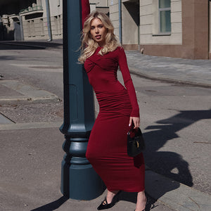 2025 style fashionable and sexy slim-fitting round neck long-sleeved dress New hot-selling new pleated hip-wrapped solid color long dress