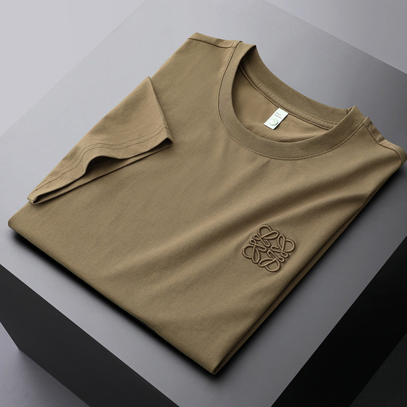 GOOSUDU Heavy European Goods Mercerized Cotton Short Sleeve T-shirt Men's Slim Fit Fashion High-End Embroidery round Neck Half Sleeve Boy's Undershirt Fashion