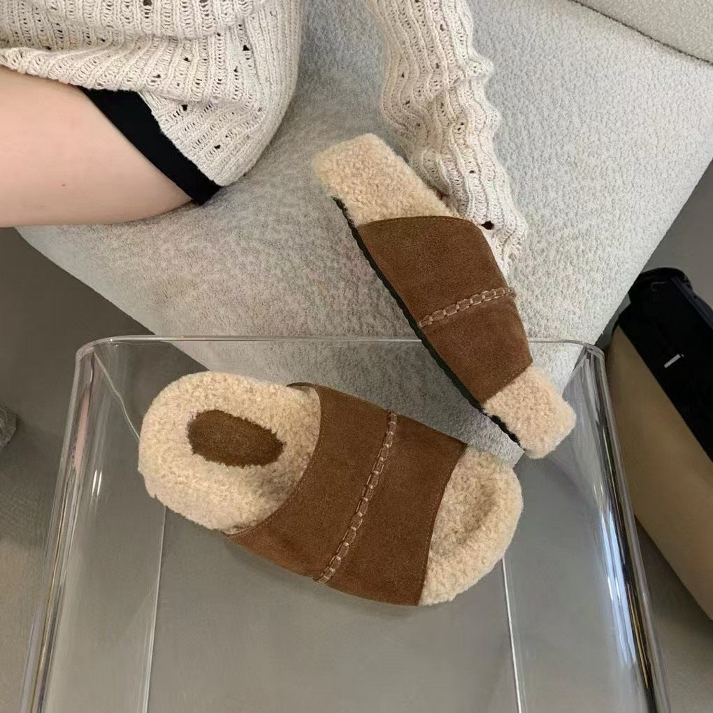2025  Vintage Birkenstock fluffy slippers women wear popular retro muffin ugly cute thick-bottomed cotton slippers lazy one-word slippers