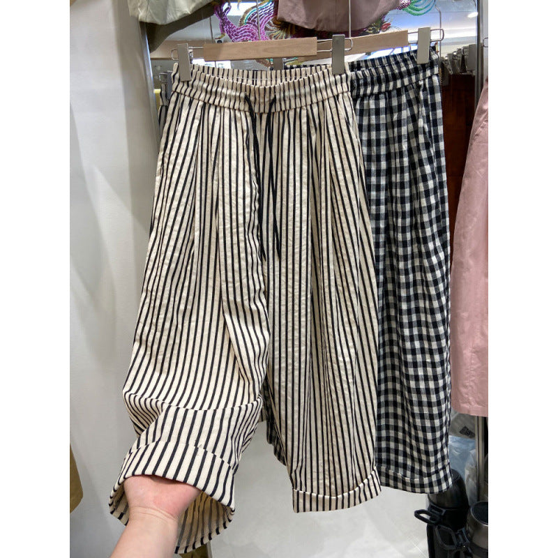 Popularan striped curled Harlan pants women's summer  new straight loose wide-leg pants small nine-point dad pants