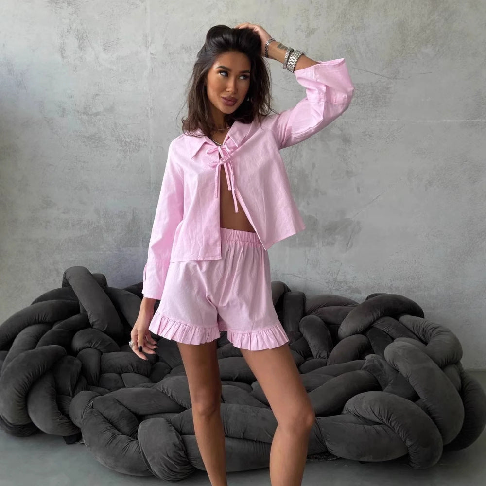 spring and summer new women's clothing solid color lapel long-sleeved lace-up wooden ear edge short women's pants comfortable and casual suit