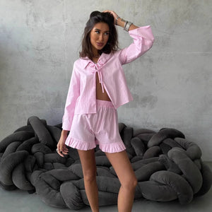spring and summer new women's clothing solid color lapel long-sleeved lace-up wooden ear edge short women's pants comfortable and casual suit