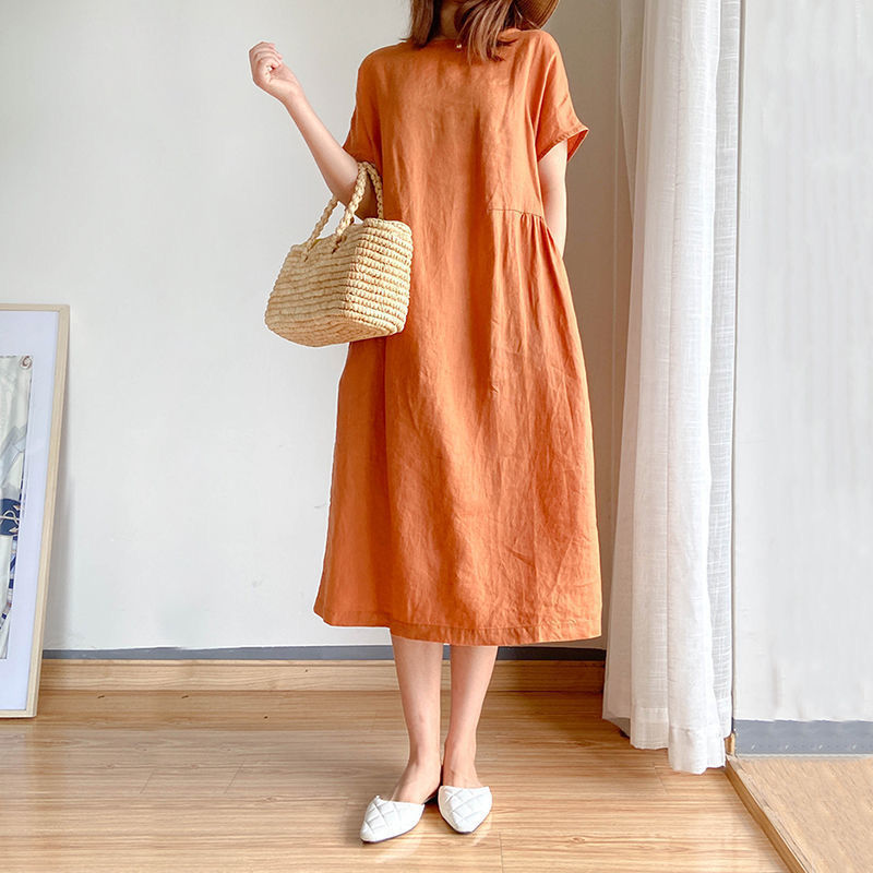 Simple literary and artistic fan loose and thin cotton and linen dress women's summer  new large size fat mm medium and long skirt