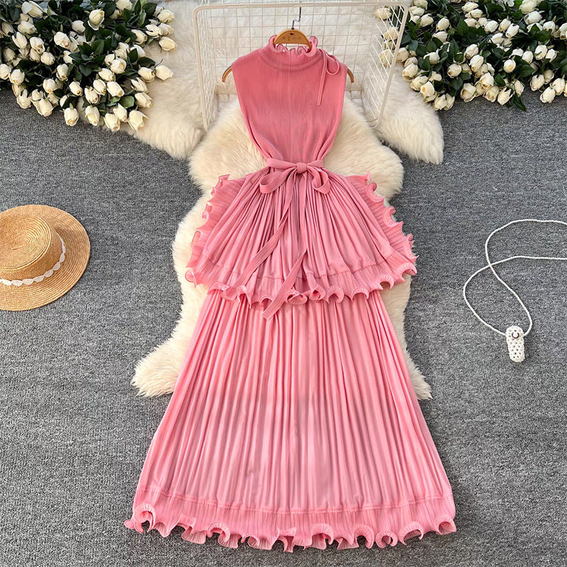 light luxury high-end sleeveless dress women's summer lotus leaf edge waist temperament niche chic beautiful long dress