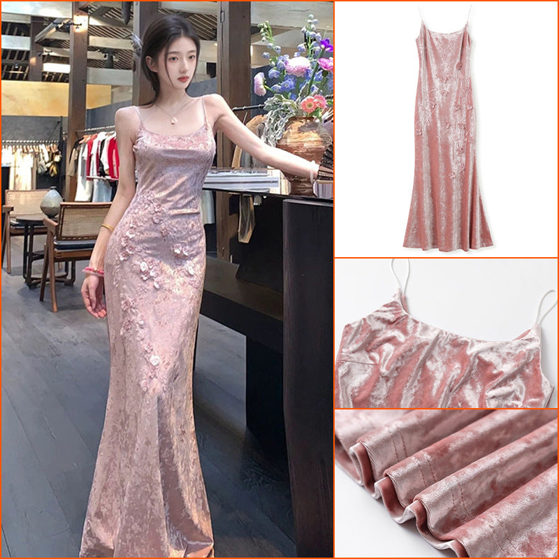 New Chinese Spice Girl Style New Velvet Fishtail Design Long Dress Sleeveless Premium Sexy Temperament Suspender Skirt N1022
