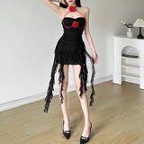 2025 style popular summer new women's clothing trend contrasting colors flower one-word neck wavy edge dress